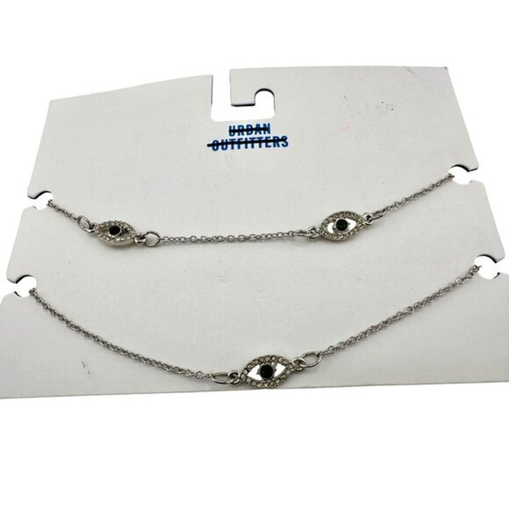 Urban Outfitters Silver Evil Eye Layering Necklaces Green Crystal Accents